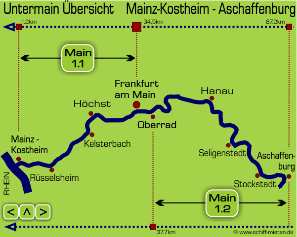 Main Landkarte Untermain Schiffsanleger Mainschifffahrt Mainkilometer Mainmündung Mainz Kostheim Höchst Frankfurt Rüsselsheim Flörsheim Hattersheim Okriftel Kelsterbach Griesheim Oberrad Offenbach Hanau Aschaffenburg Fechenheim Dörnigheim Mühlheim Kesselstadt